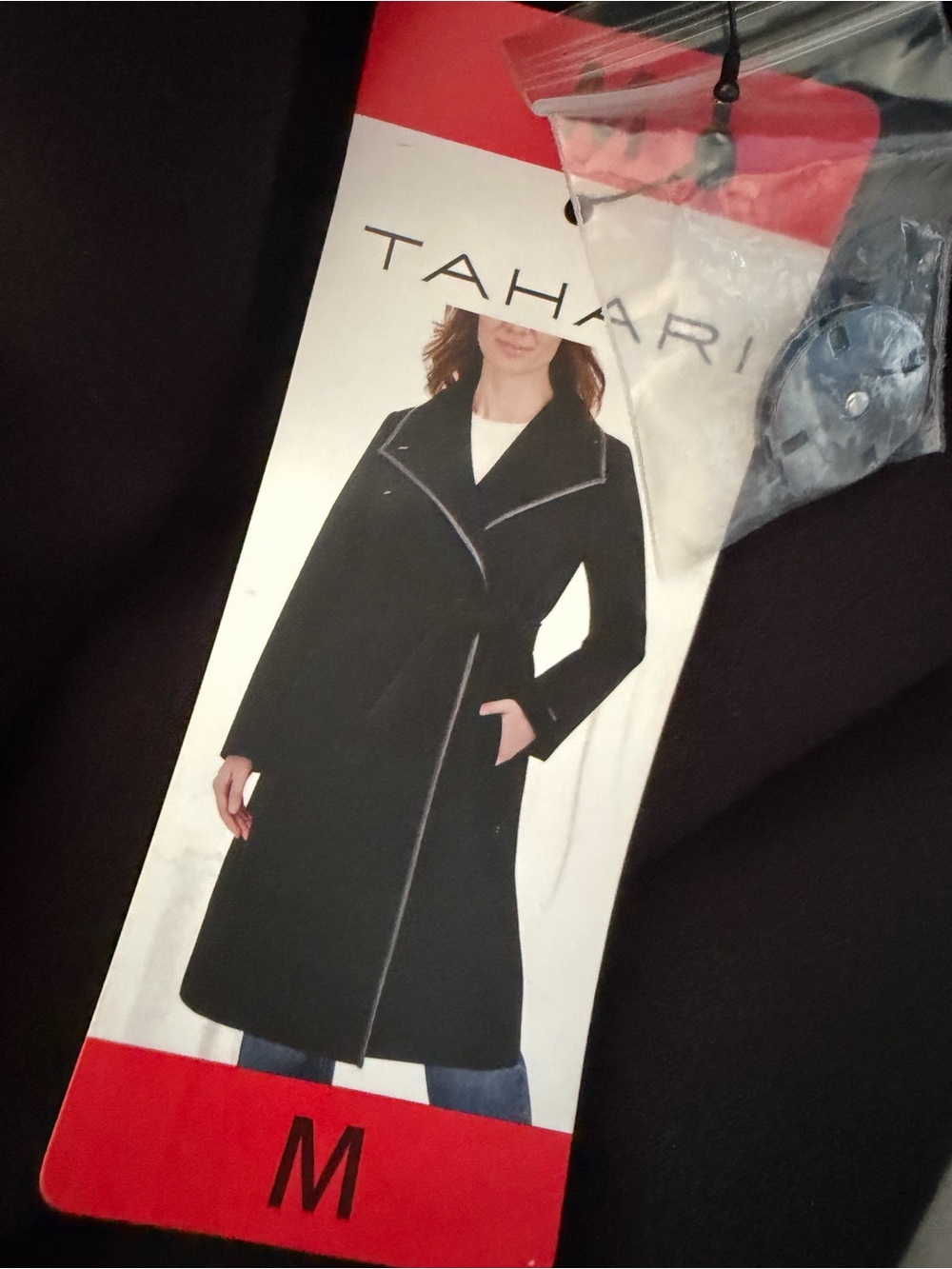 Tahari Black Long Trench Coat with Contrast Piping